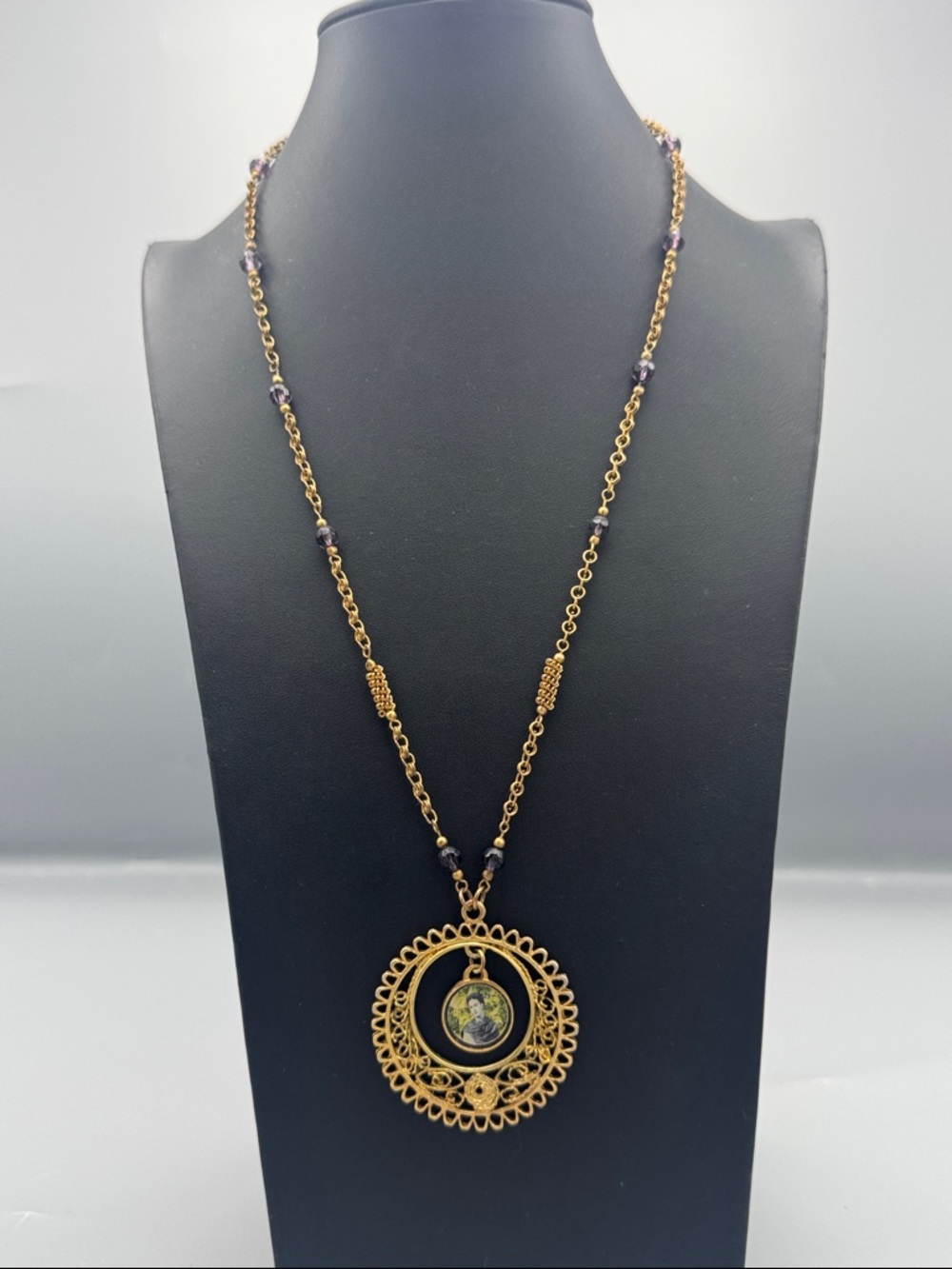 Gold-Tone Filigree Pendant Necklace with Frida Kahlo